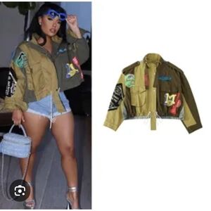 Daisy Oversized Mixed Media Military Green & Denim Jacket Patchwork Size Small